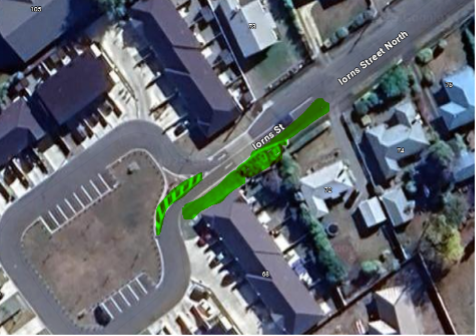 Aerial photo showing green highlighted work area on Iorns Street into the cul de sac