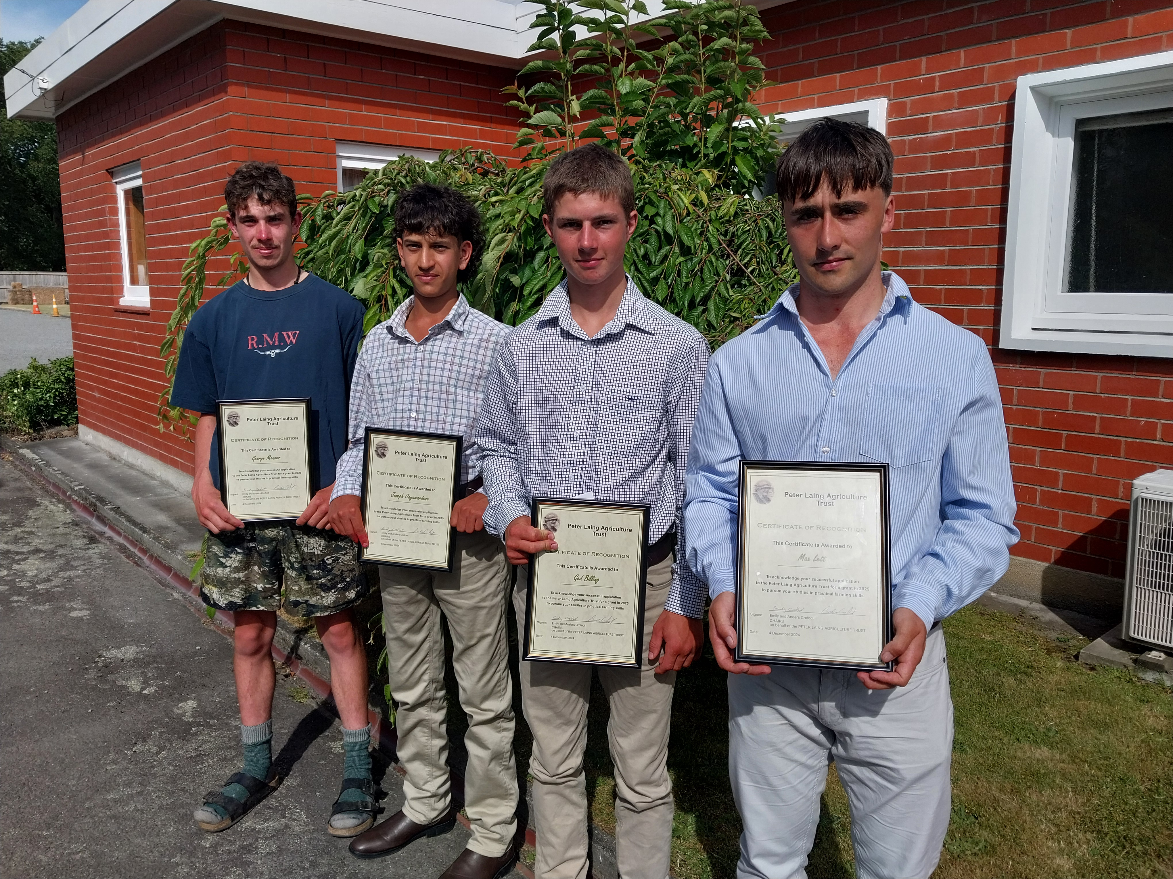 Group photograph of Peter Laing Agriculture Trust grant recipients - from left, George Mancer (Masterton), Joseph Jayawardene (Masterton), Ged Billing (Masterton), Max Lett (Pahiatua). Absent: James McNicol (Pahiatua).