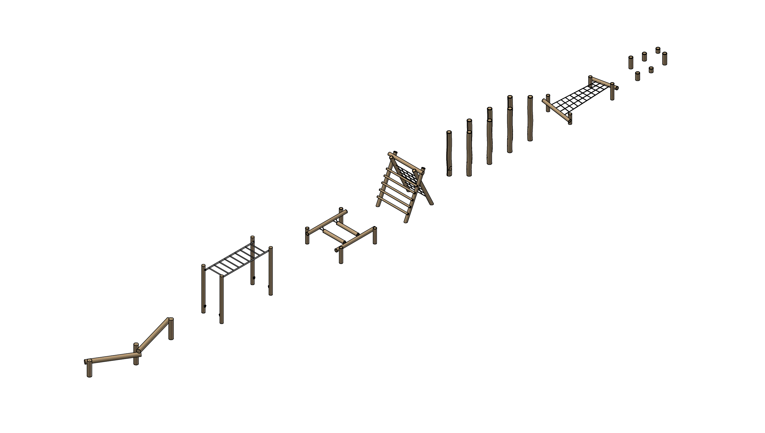 Illustration showing a line of various obstacle course elements.