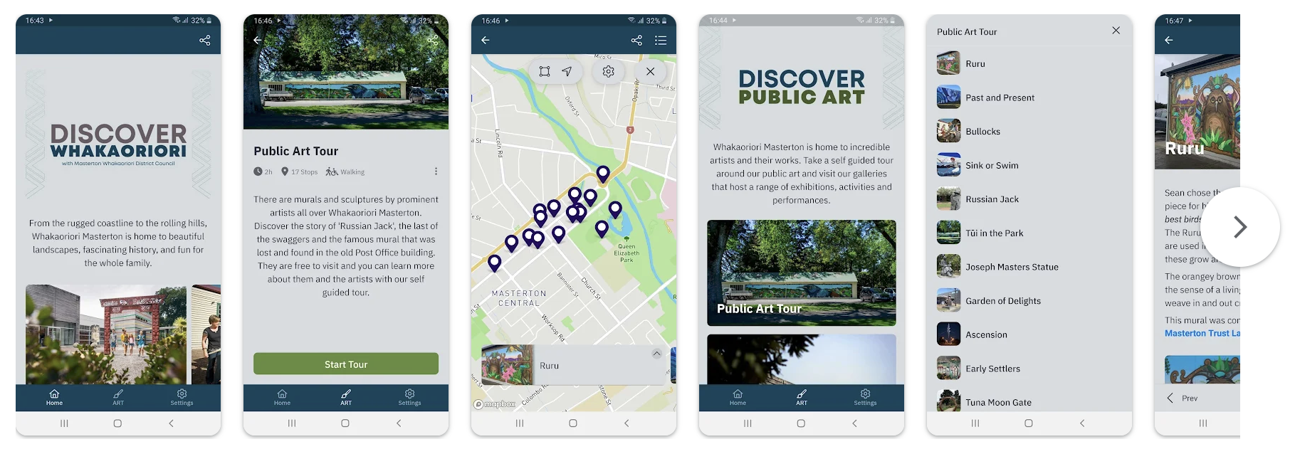 Screenshots of the app screens showing the public art map